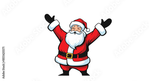 Joyful Santa Claus character with arms raised in excitement and a big smile illustrated on white background for Christmas holiday celebration.