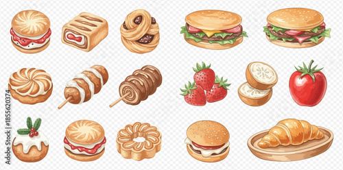 Watercolor illustration set of various delicious baked goods, fruits, and savory snacks on a transparent background.