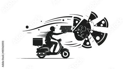 Fast pizza delivery person on scooter with hot pizzas flying through the air.