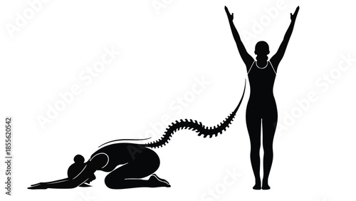 Silhouette of person in yoga pose connecting spine to standing figure, symbolizing flexibility and movement
