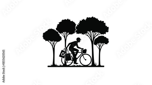 Silhouette of a person cycling through trees with bags on their bike, representing eco-friendly travel.