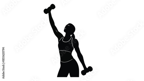 Silhouette of a fit woman lifting dumbbells, celebrating strength and fitness achievement.