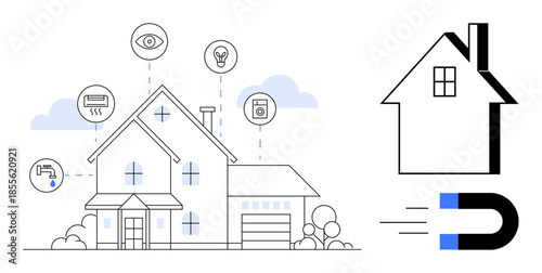 Smart technology, IoT devices, energy efficiency, home automation, security systems, sustainable living. A house illustration with functional icons. Smart technology and energy efficiency concept