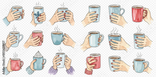 Collection of various hands holding different steaming mugs and cups with hot beverages.
