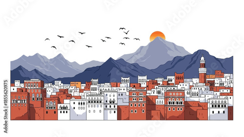 Traditional Yemeni architecture in a mountainous landscape with birds flying across the sky