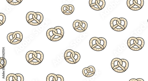 Seamless pattern of salty baked pretzels illustrated on white background for bakery, food, and German snack theme designs.