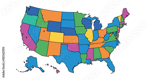 Colorful map of the United States of America with states in different bright colors for educational and geographic information graphics.