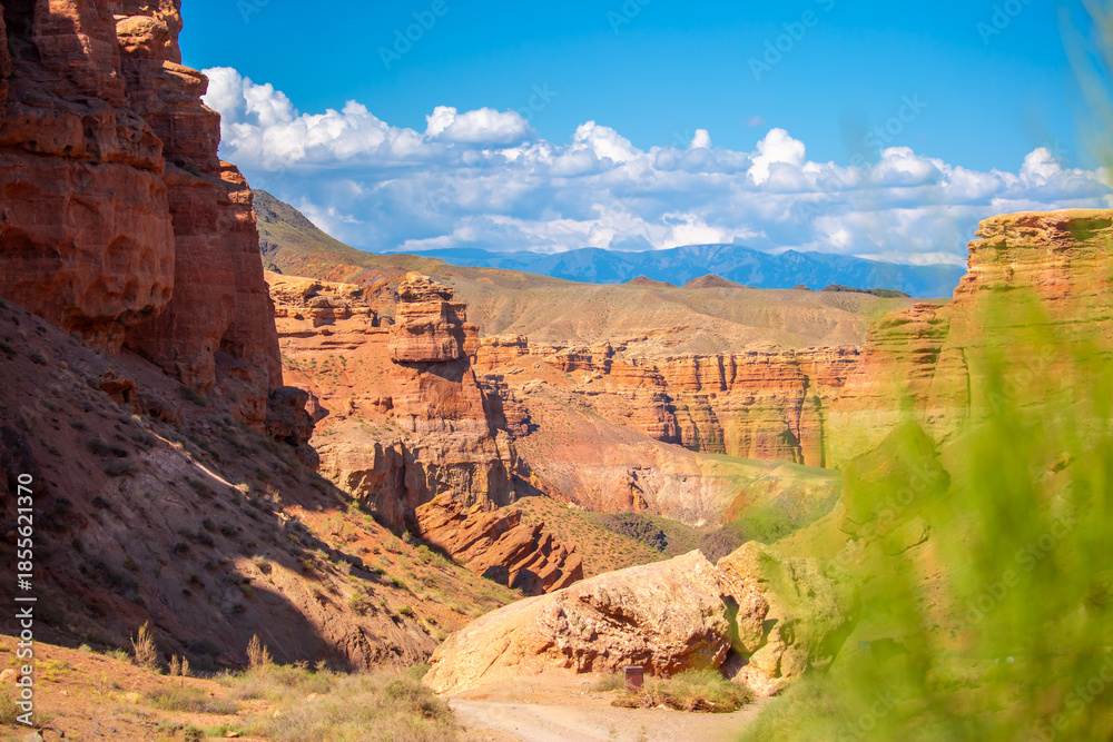 Fototapeta premium Charyn Canyon, Valley of Castles. The excellence of Kazakhstan. Panorama of natural unusual landscape. The red canyon of extraordinary beauty looks like a Martian landscape.