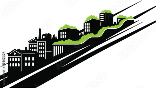 Sustainable city skyline with green rooftops on a rising slope, symbolizing growth and eco-friendly urban development.