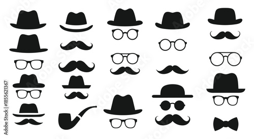 Set of black icons featuring various styles of gentleman accessories like hats, mustaches, round glasses, and a smoking pipe.
