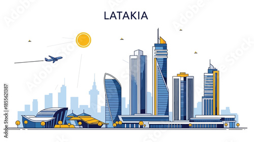 Vibrant Line Art Cityscape Illustration Showcasing Contemporary Architecture and a Lively Urban Horizon under a Sunny Sky