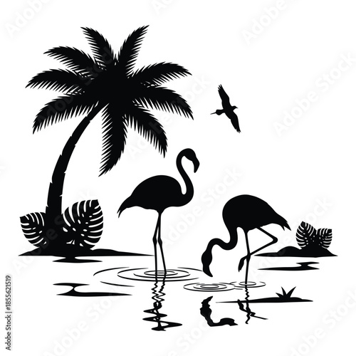 Silhouette of two flamingos standing near water under palm tree with flying bird isolated on transparent background