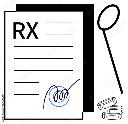 Healthcare costs, medical documentation, pharmacy, insurance claims, prescription renewal, financial decisions. Prescription form with signature, magnifying glass and coins. Healthcare costs