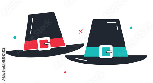Two pilgrim hats with colorful bands and buckles illustrated on white background for Thanksgiving Day and autumn harvest celebration themes.