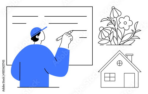 Education, learning, nature, home concepts, creative thinking, visual design. Person writing on a board, floral elements and a house illustration. Education and home concepts