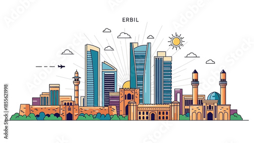 Vibrant Erbil City Skyline Illustration Modern and Historic Architecture Blending Under a Clear Sky in a Colorful Vector Art Style