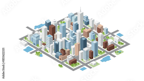 Isometric Metropolis: An elevated view of a meticulously crafted cityscape showcases an intricate network of buildings and roads, embodying the essence of urban design and development.