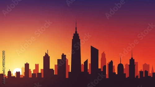 Silhouette City Skyline: An artistic silhouette captures the essence of a vibrant cityscape at sunset, with tall skyscrapers silhouetted against a colorful sky.