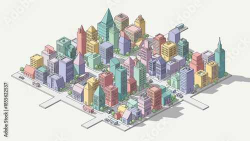 Isometric Metropolis: A vibrant illustration showcasing an isometric view of a bustling city, filled with diverse architectural styles, busy streets, and towering skyscrapers.