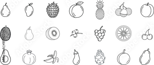 Collection of black and white line art fruit icons on white background pear mango
