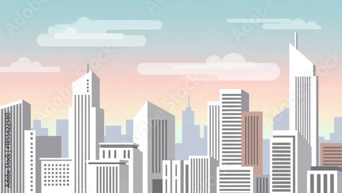 Skyline Serenity: A modern metropolis bathed in the soft hues of dawn or dusk, creating a tranquil urban landscape, showcasing the blend of architectural design and the calmness of a serene sky.