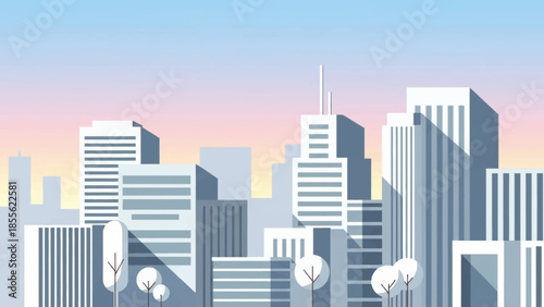 Urban Silhouette: A serene cityscape unfolds, its geometric forms bathed in the soft hues of dawn. Minimalist illustration capturing the essence of the city