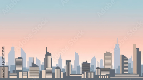 Urban Silhouette: Capturing the grandeur of a modern city skyline at dusk, showcasing an array of towering skyscrapers and buildings against a gradient sky, emphasizing its impressive urban form.