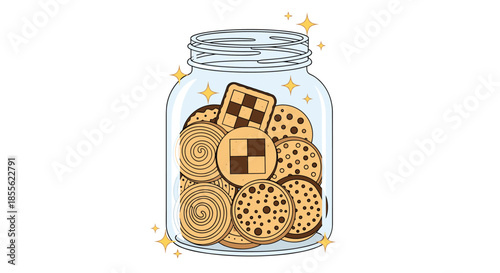 Clear glass jar filled with a variety of delicious looking cookies including chocolate chip spiral and checkered patterns on a white background.