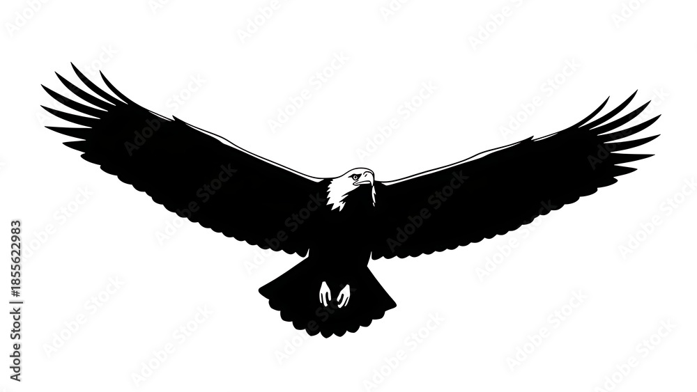 Obraz premium Soaring eagle silhouette in black and white against white