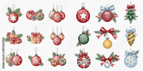 Watercolor Christmas ornaments set with festive elements for holiday decoration.