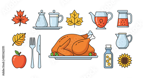 Collection of flat design Thanksgiving icons including a roasted turkey autumn leaves an apple a sunflower and various beverages for fall.