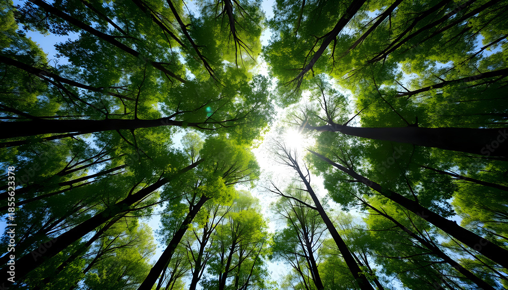 Fototapeta premium Low angle shot of tall trees with lush green foliage. View from below to the bright sky with sun shining through the leaves. Eco theme sustainability concept of carbon-negative forest. High quality