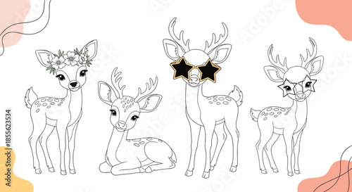Set of black and white deer illustrations for a coloring book including fawns wearing flower crowns and stylish star shaped sunglasses.