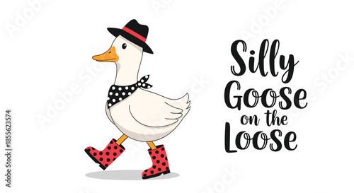 Silly goose on the loose character wearing a black hat a polka dot scarf and red boots with black spots for a whimsical design concept.