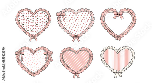 Collection of decorative heart shaped frames with pink ruffles and bows featuring patterns like polka dots stripes and cherry blossoms.