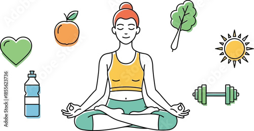 Woman meditating surrounded by various health and wellness icons representing a balanced and holistic lifestyle for physical and mental fitness