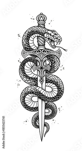 Intricate Snake and Dagger Tattoo Design in Black and White.