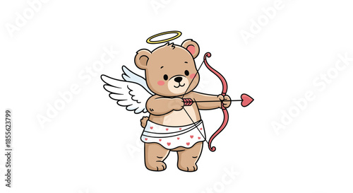 Adorable cupid teddy bear character with white wings and a golden halo shooting a heart tipped arrow from a pink bow for Valentines Day.