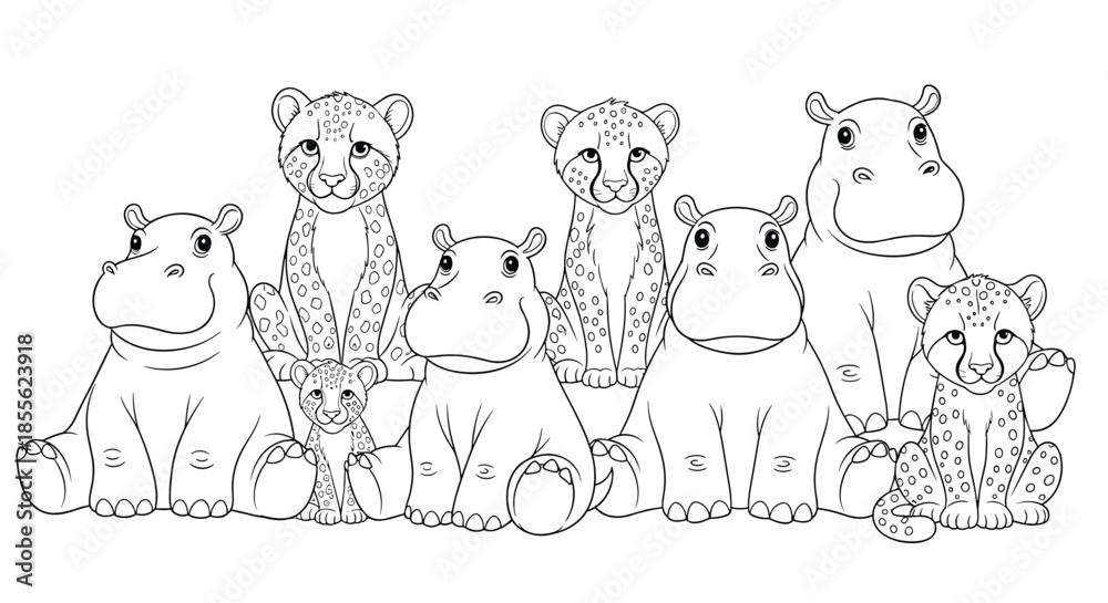 Obraz premium Coloring page for children featuring a group of friendly hippopotamuses and spotted leopards sitting together in a zoo or safari theme.