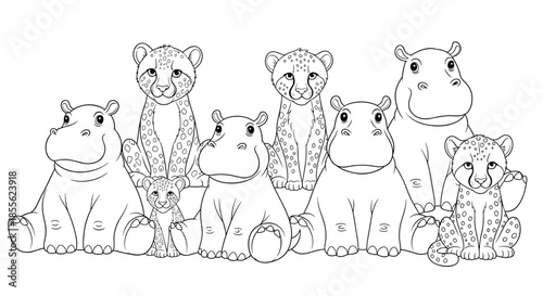 Coloring page for children featuring a group of friendly hippopotamuses and spotted leopards sitting together in a zoo or safari theme.