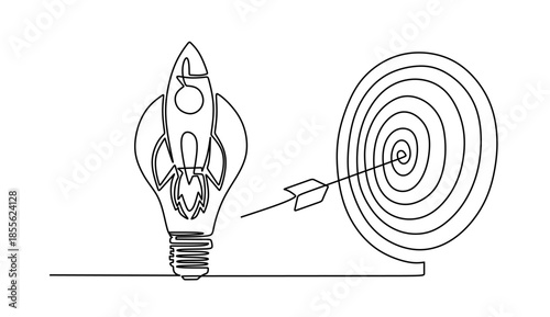 Continuous one line drawing of light bulb with a dart board, increasing up arrows bar graph and Rocket launch, ship. Startup idea and winning education or business success