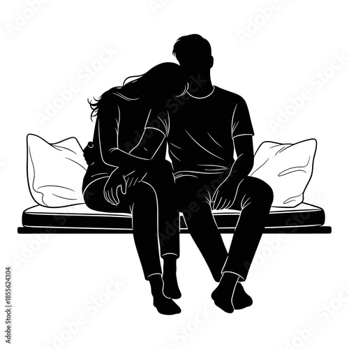 Couple silhouette sitting closely together on a bench with soft pillows illustration