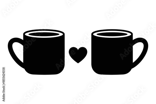 Two black coffee mugs separated by a small heart icon symbolizing love