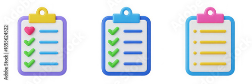 Three 3D Plastic Style Clipboards With Check Marks And Hearts In A Clean Isolated Composition Against a Transparent Background