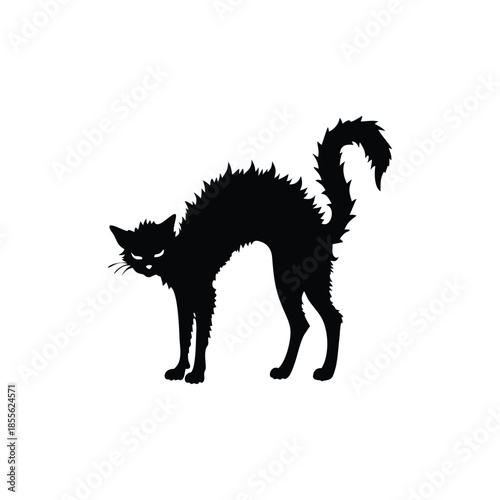 Black cat silhouette illustration, fur standing, Halloween creepy gothic vintage horror style vector