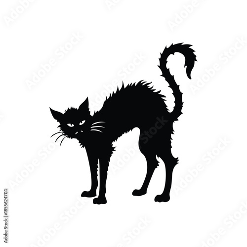 Black cat silhouette illustration, fur standing, Halloween creepy gothic vintage horror style vector