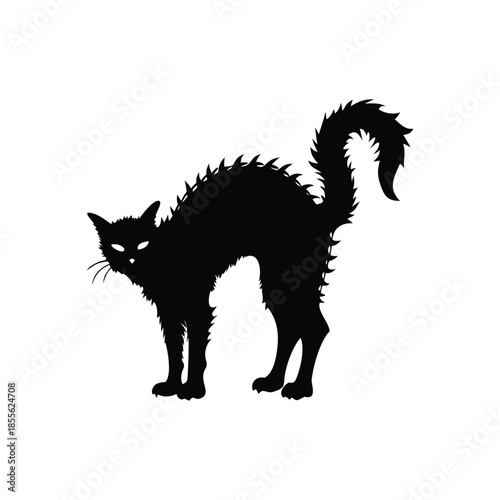 Black cat silhouette illustration, fur standing, Halloween creepy gothic vintage horror style vector