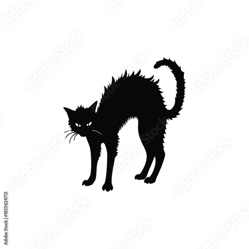 Black cat silhouette illustration, fur standing, Halloween creepy gothic vintage horror style vector