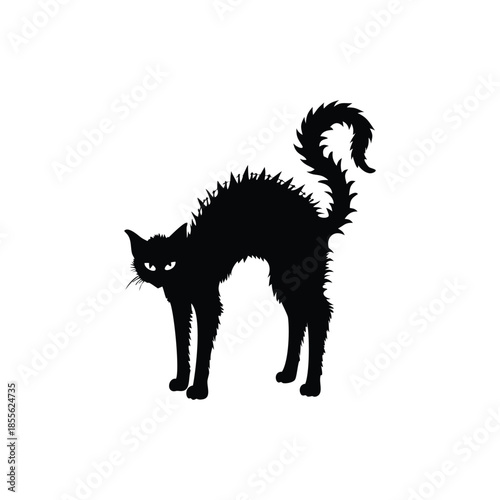 Black cat silhouette illustration, fur standing, Halloween creepy gothic vintage horror style vector