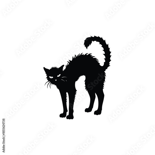 Black cat silhouette illustration, fur standing, Halloween creepy gothic vintage horror style vector
